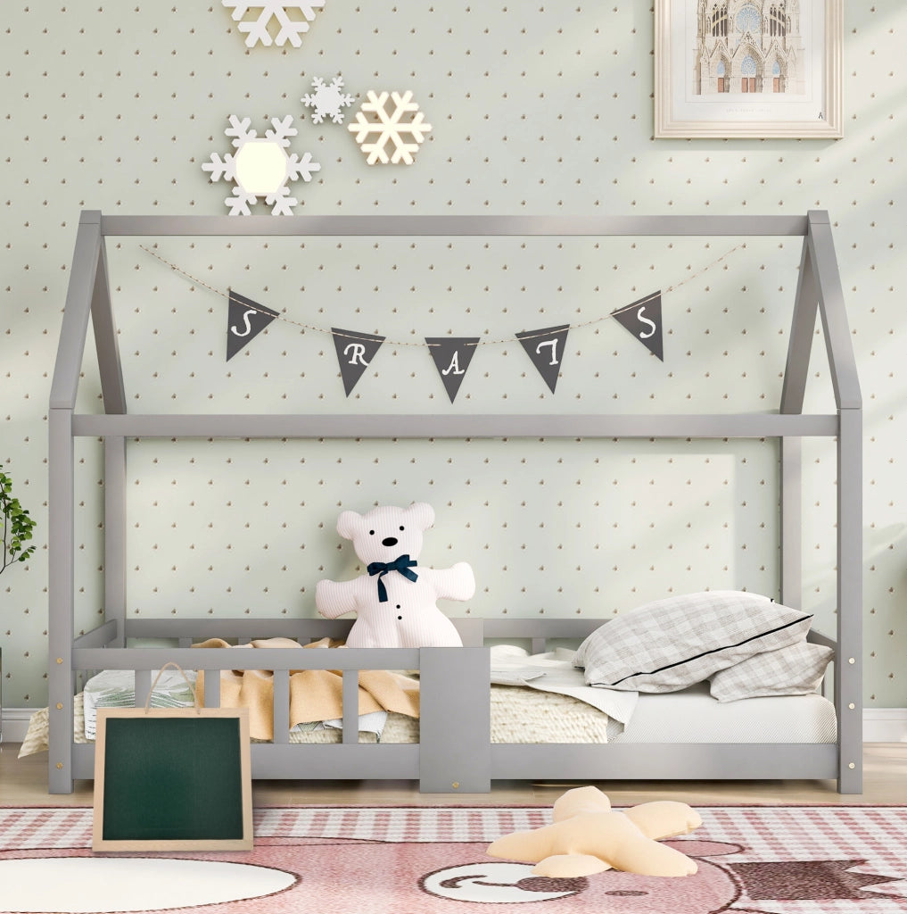 Letto a casetta per bambini 90x200 cm con lavagna e protezione anticaduta; legno grigio