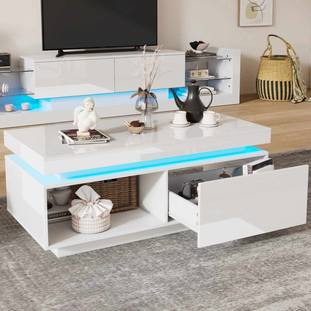Tavolino da caffè con 1 Cassetto e LED; Finitura Laccata Lucida; in Pannelli Truciolari; 100×50×40;3 cm; Bianco