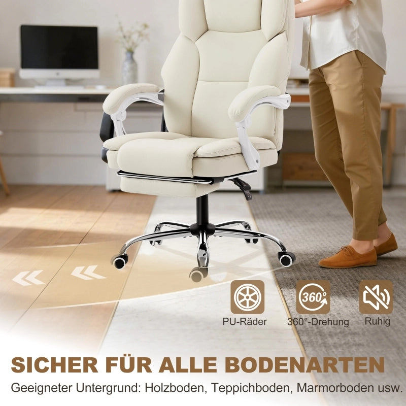 Sedia da ufficio reclinabile con poggiapiedi girevole 360° in pelle sintetica beige 64 × 73 × 112-120 cm