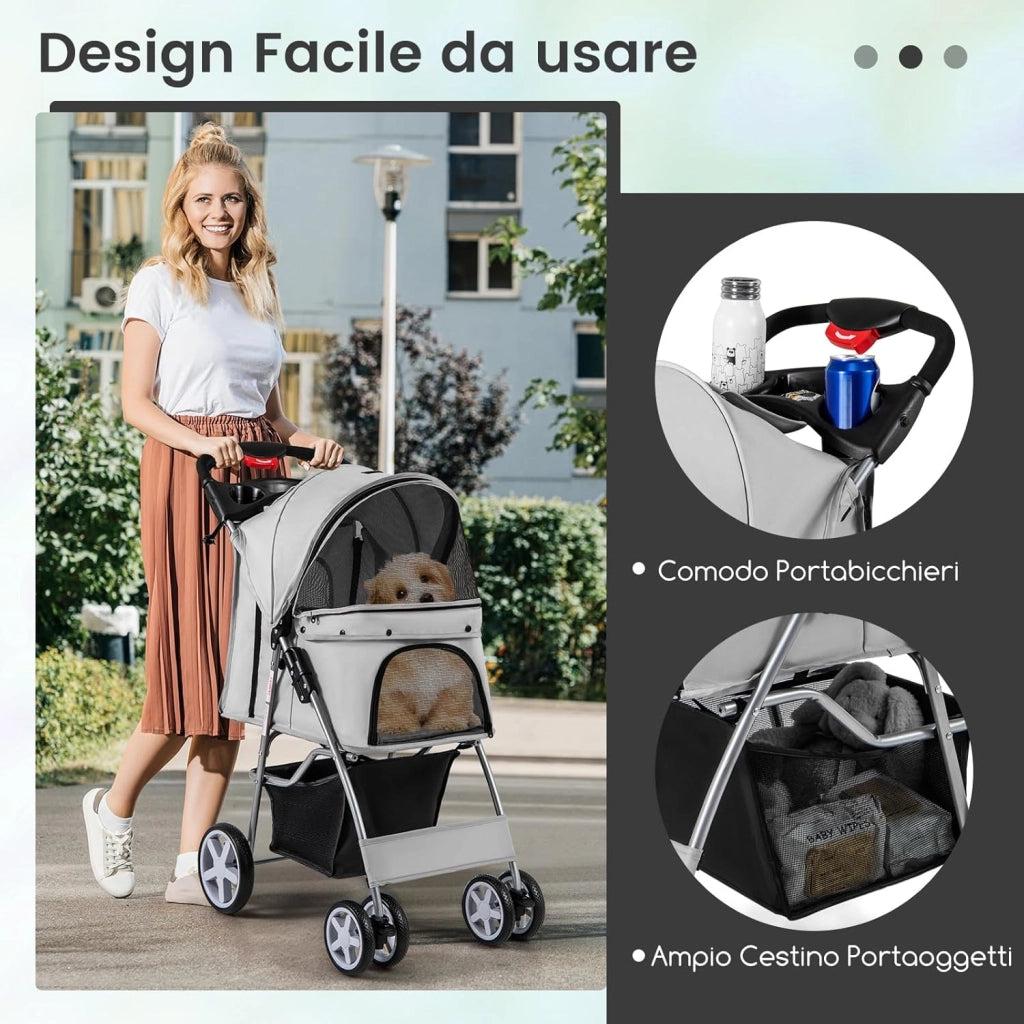 Passeggino per Cani, Carrozzina per Cani Pieghevole Fino a 15 kg, 4 Ruote con Finestra a Rete Porta Bicchiere e Cesto, Passeggino Portatile per Animali Piccola e Media (Grigio)