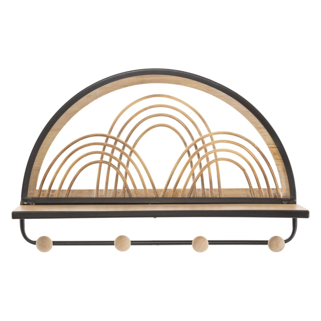 Mensola Oporto con appendiabiti in ferro, legno e rattan — 46x15,5x30 cm