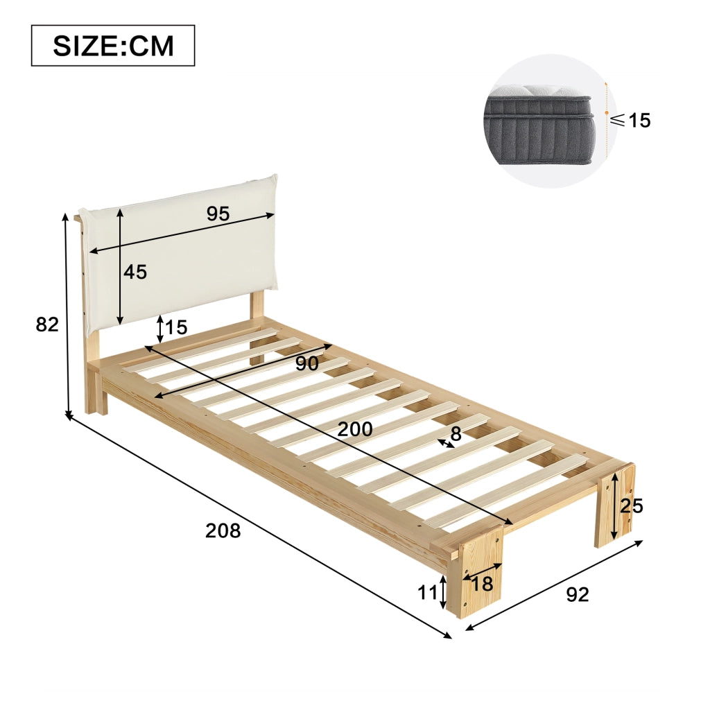 Letto Singolo 90x200 cm - Schienale Imbottito; Doghe Robuste e Gambe Larghe - Naturale