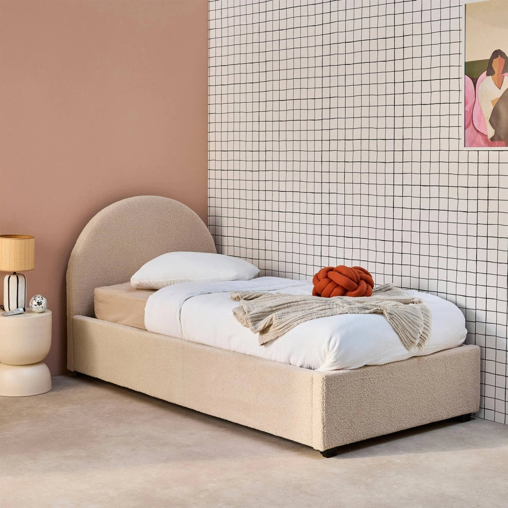 Struttura letto con contenitore e testiera 90x190cm, imbottita bouclé,