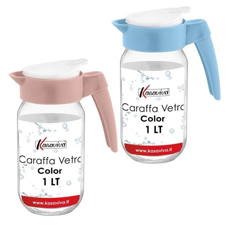 KIT SET 2 PZ CARAFFA IN VETRO TRASPARENTE CON TAPPO COLORATO E CAPIENZA DA 1 LT