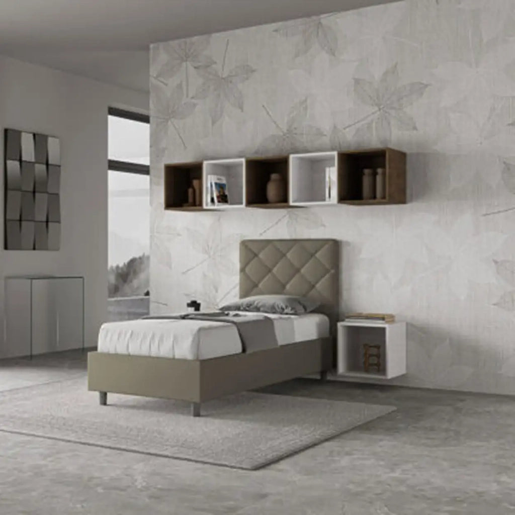Letto singolo con rete imbottito 80x210 similpelle cappuccino Priya