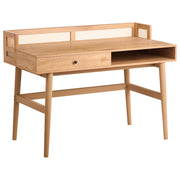 Scrivania da casa in MDF marrone chiaro 120 x 60 cm, con cassetti e intreccio viennese, gambe in legno, design scandinavo
