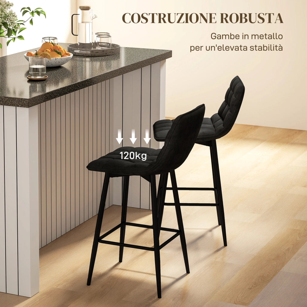 Set 2 Sgabelli da Cucina Stile Nordico in Tessuto Effetto Velluto e Metallo, 45x47x84 cm, Nero