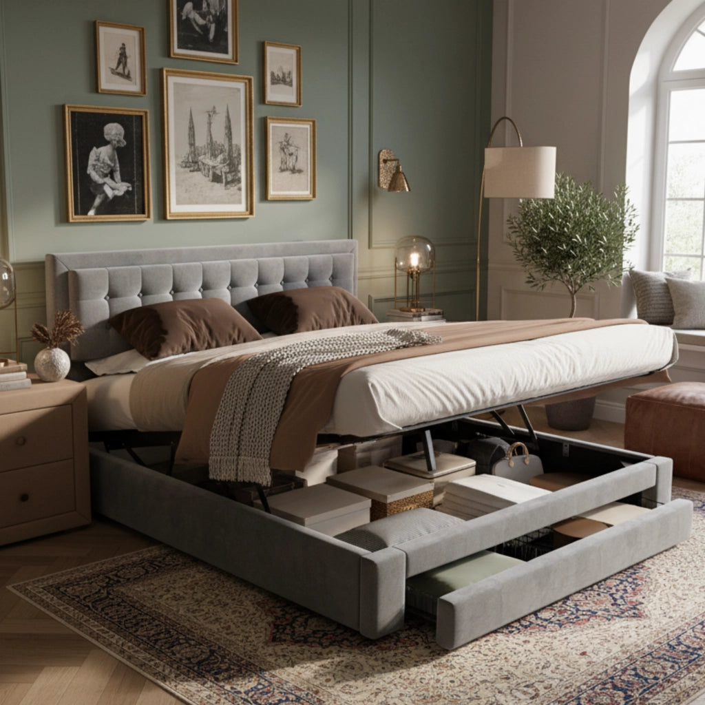 LETTO Contenitore e Cassetti 160x200 cm Velluto Grigio