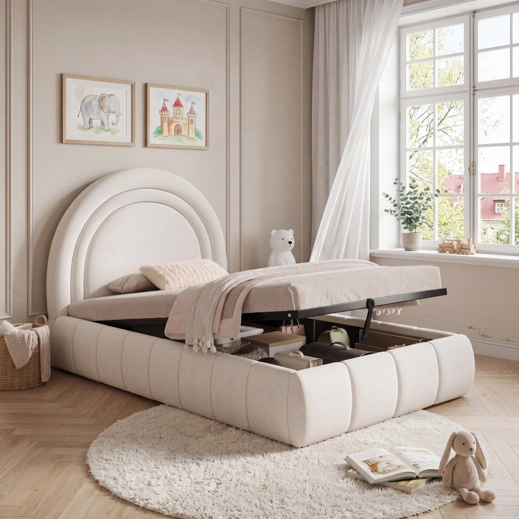 Letto Contenitore Letto Singolo 90x200 cm con Sollevamento Idraulico e Velluto Beige