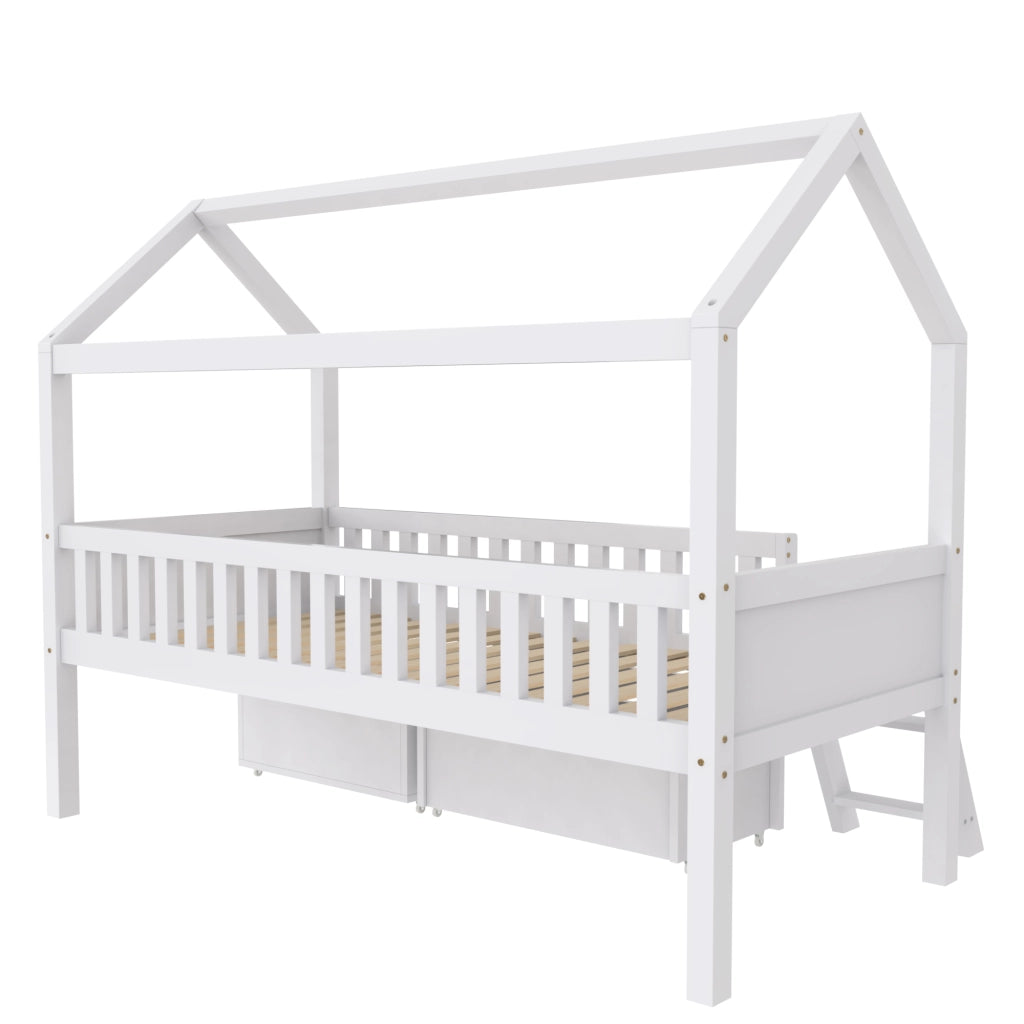 Letto Casetta Letto Singolo 90x200 cm con Cassetti; Ripiani e Scala - Bianco