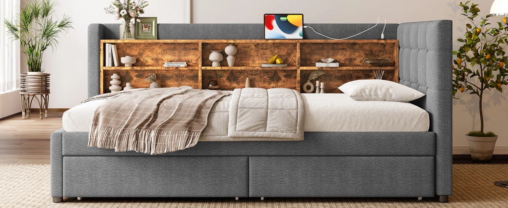 DESMIU Letto singolo 90 × 200 cm con 2 cassetti, USB, Type-C e ripiani, senza materasso, in lino, grigio
