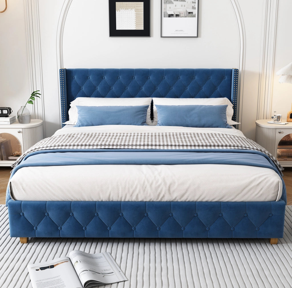 Letto imbottito in velluto blu 160x200 cm con testiera trapuntata