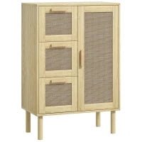 Mobile da Bagno in Stile Bohémien con 3 Cassetti e 3 Mensole, Frontale in Rattan Intrecciato, Compatto, 55 x 30 x 82 cm, Quercia