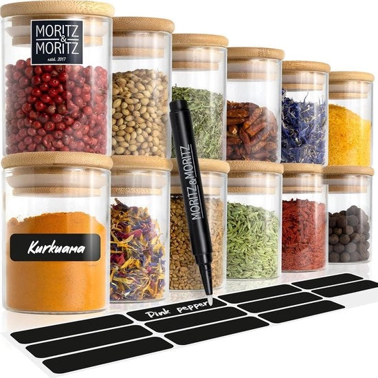 Set di erbe aromatiche con adesivi - 12 pezzi - 125 ml - Bicchieri di vetro - Adesivo da tavolo - Penna a grafite - Eterogeneo - Coperchio in bambù - Erbe aromatiche - Erbe - Bicchieri di erbe aromatiche con adesivi