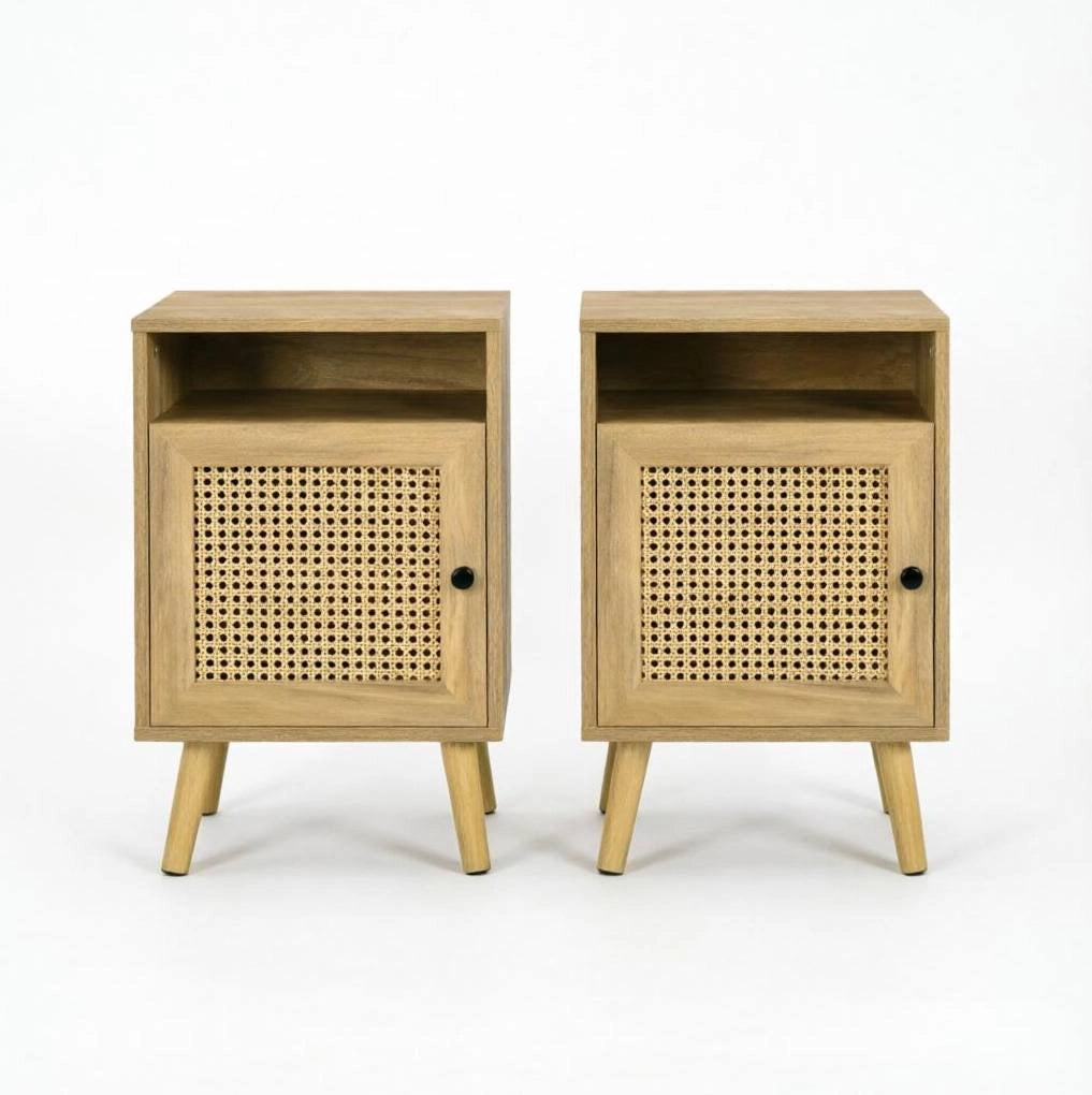 Set di 2 comodini con anta in rattan, MDF e truciolare, colore naturale