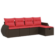 Set Divano da Giardino 5 pz | Set Salotto da Giardino con Cuscini Marrone in Polyrattan