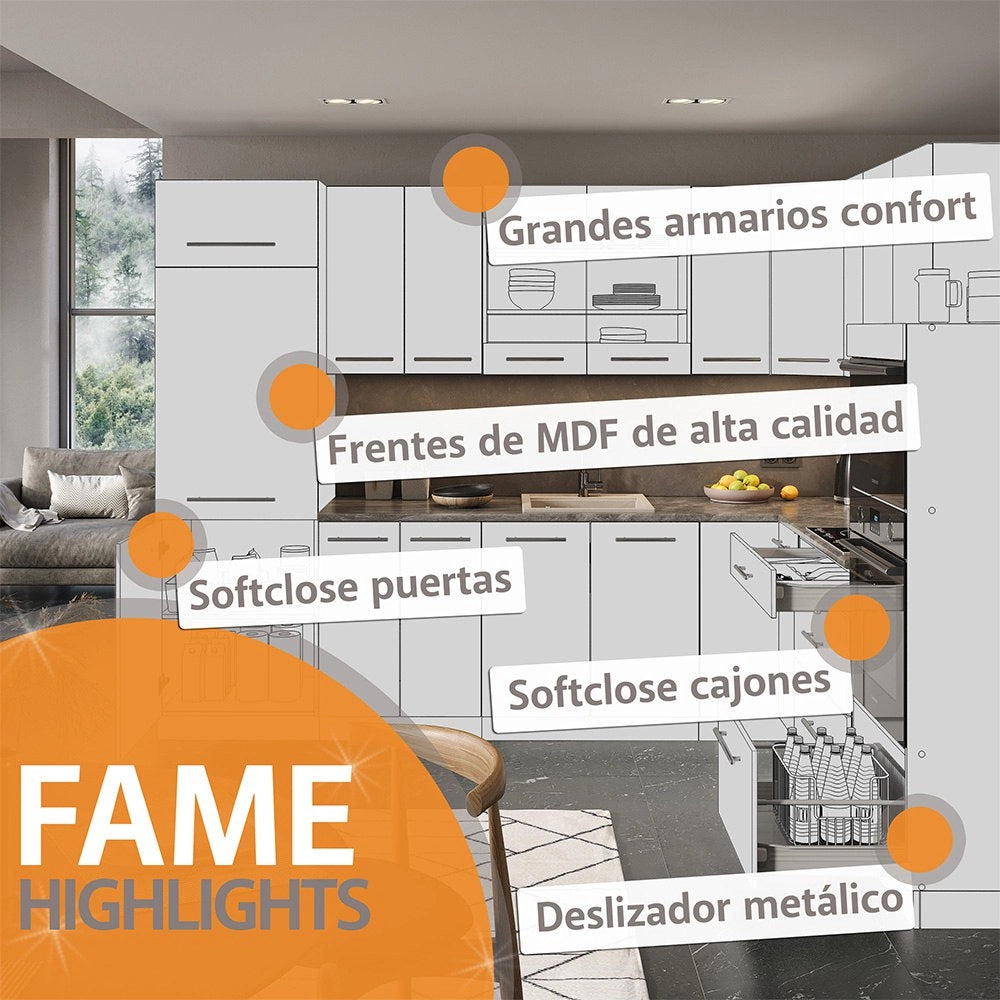 Cucina componibile Fame-Line Bianco rustico/Bianco 355 cm, PL Rovere Vicco