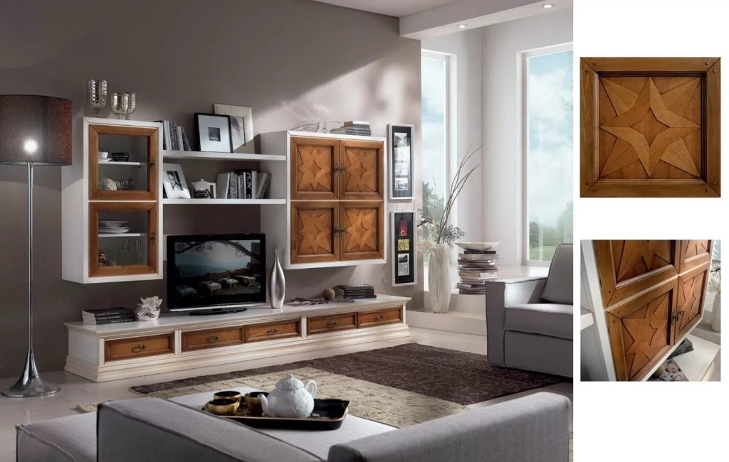 Parete attrezzata porta tv legno shabby bianco noce 298x56 (1230) - Mobili 2G