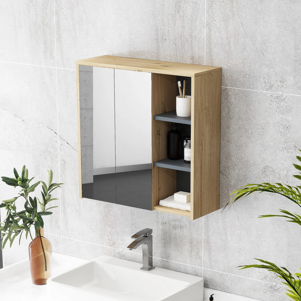 Mobile Bagno con Specchio e Ripiani ¨C Zephmum ¨C Legno Naturale 60x20x60 cm