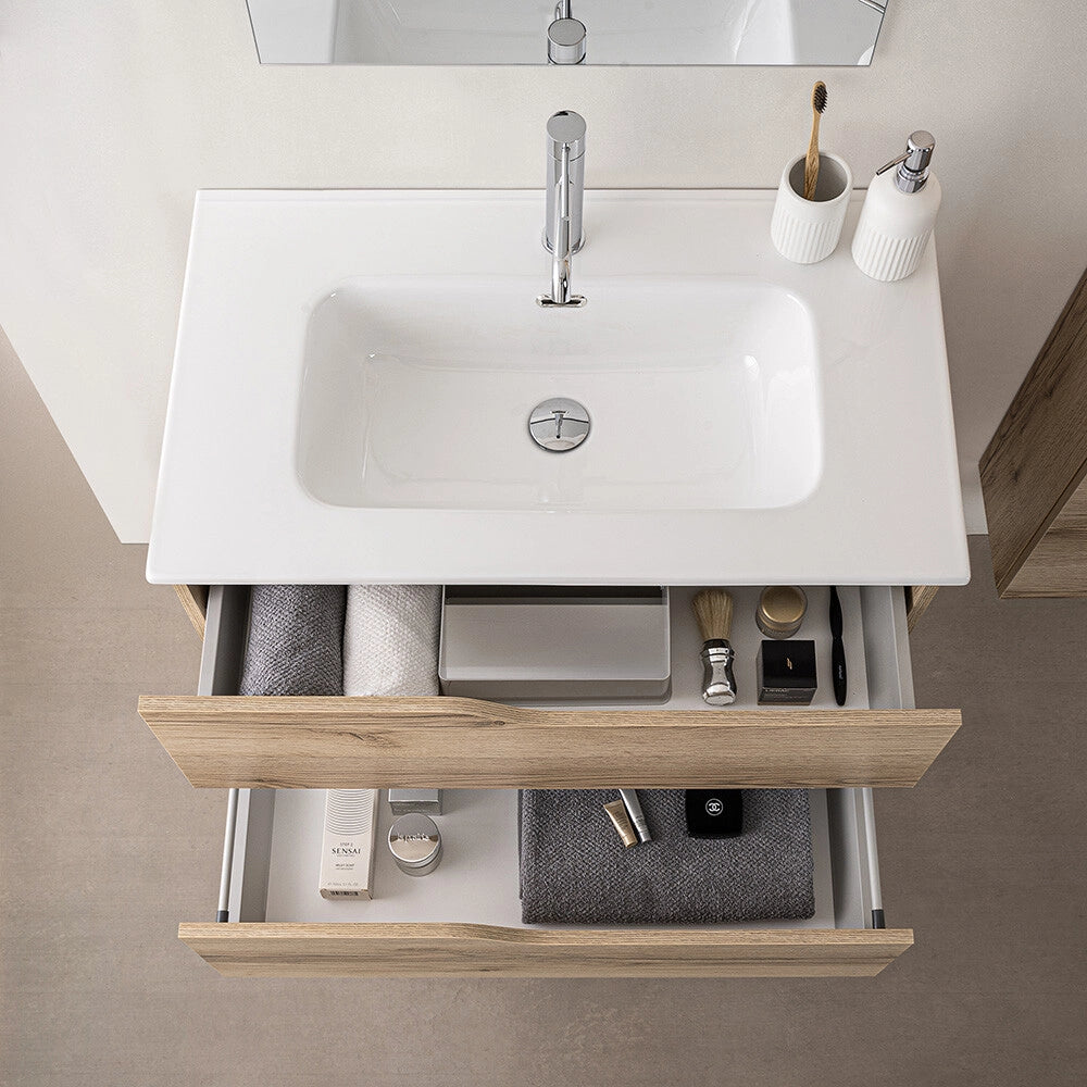 Mobile bagno sospeso 80cm quercia e bianco con lavabo Sumya
