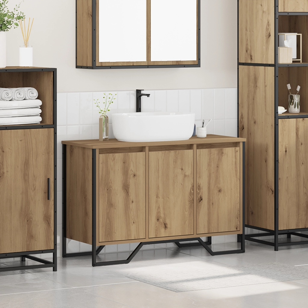 Mobiletto per Lavabo Rovere Artigianale 91x35x60 cm Legno ingegnerizzato