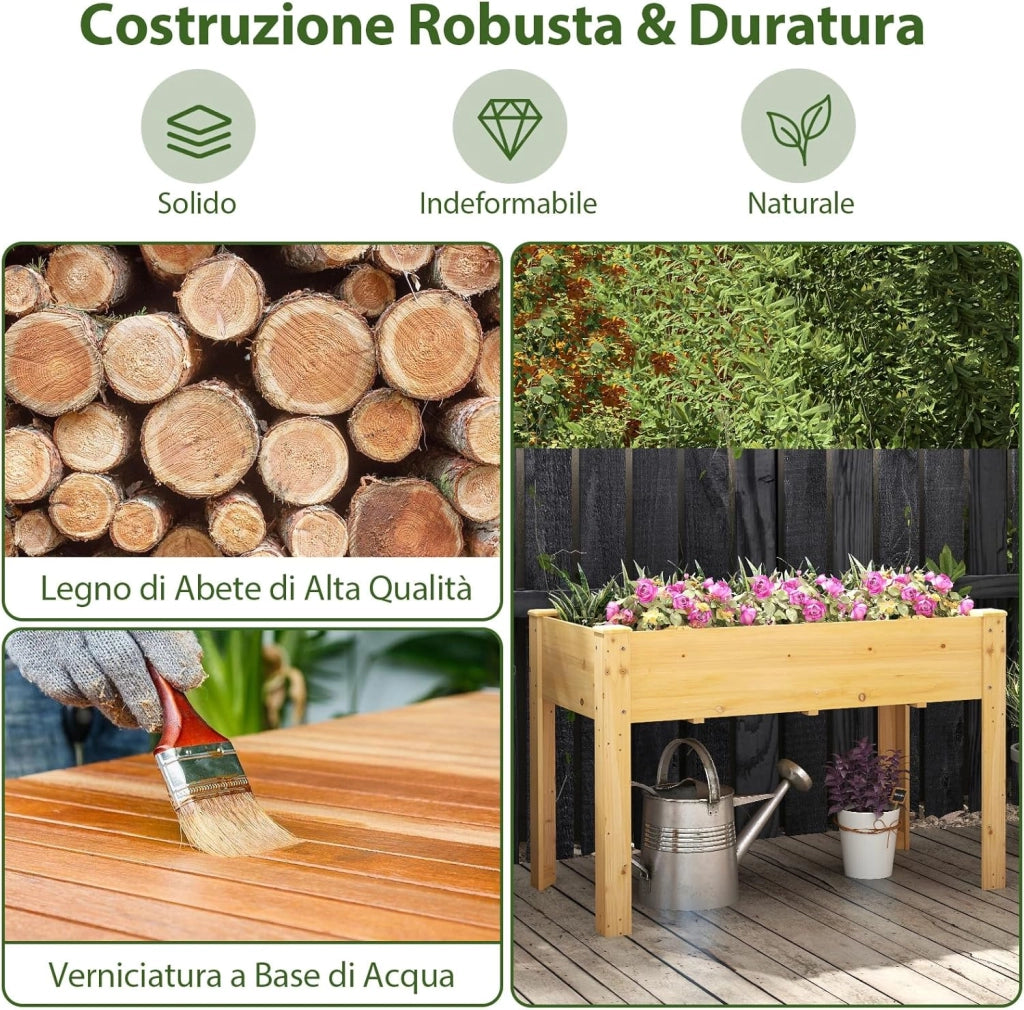 Letto per Orto Rialzato da Esterno in Legno di Abete, Fioriera Rialzata con Fori di Drenaggio, Letto per Piante Urbano da Giardino e Patio, 120 x 60 x 82 cm (Naturale)