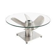 Tavolino basso ALUMIA rotondo 60 cm in alluminio argentato e vetro temperato – design industriale con piede a elica