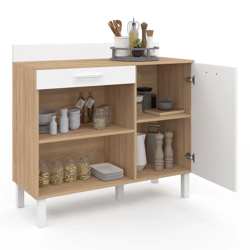 IDMarket - Credenza bassa 100 cm Piano di lavoro CINA H.83 cm 1 anta + 1 cassetto finitura faggio e bianco