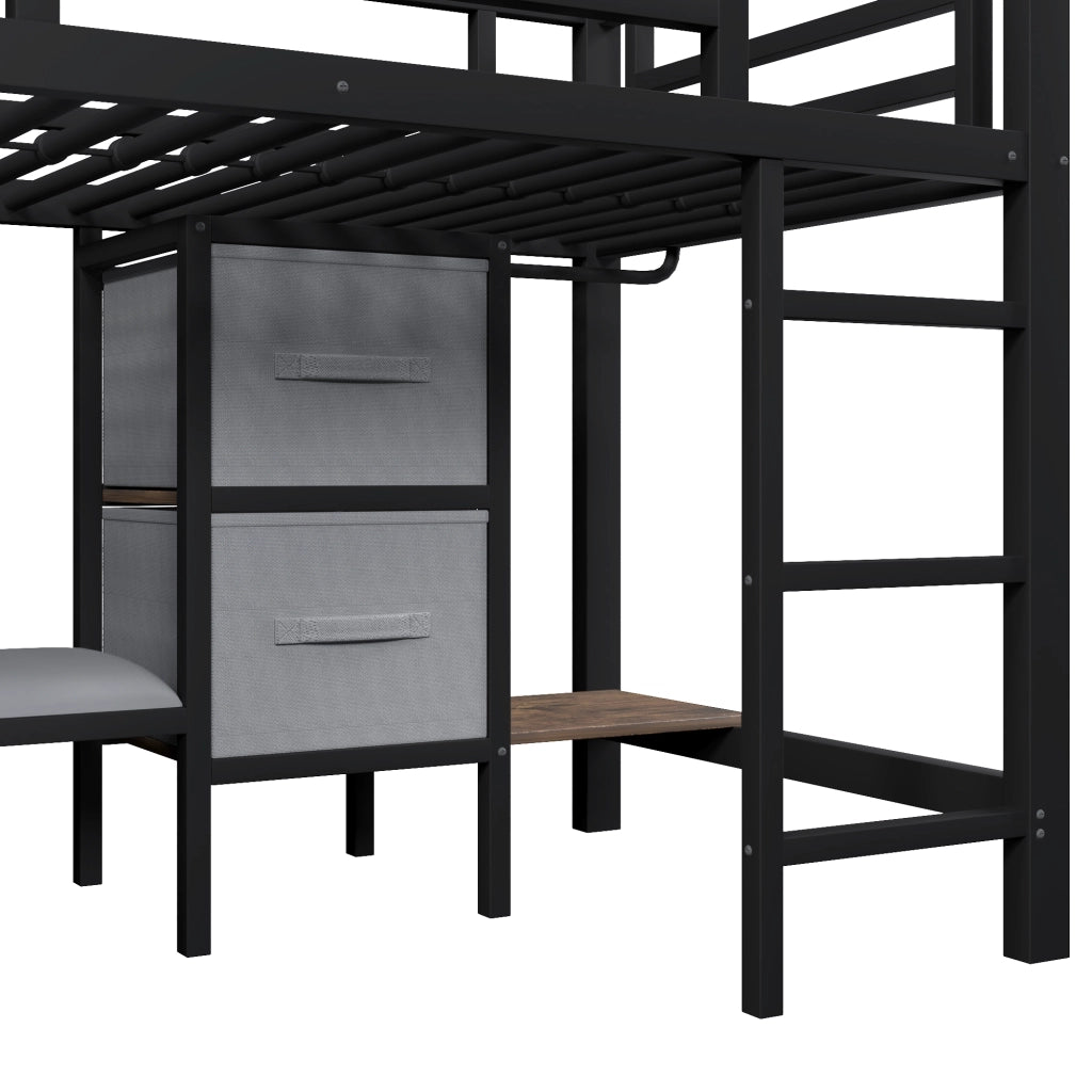 Letto a Soppalco 90x200 cm, con LED, Tasche, Appendiabiti e Cuscino - Metallo - Nero