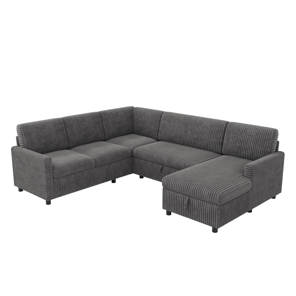 Divano angolare a U convertibile con contenitore, chaise longue, in corduroy, grigio