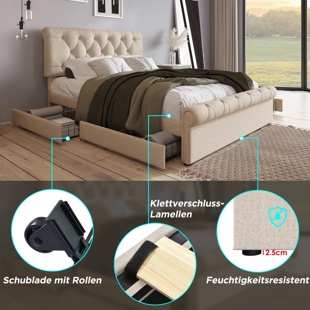 LETTO Contenitore 140x200 cm Natural con 4 cassetti e materasso incluso