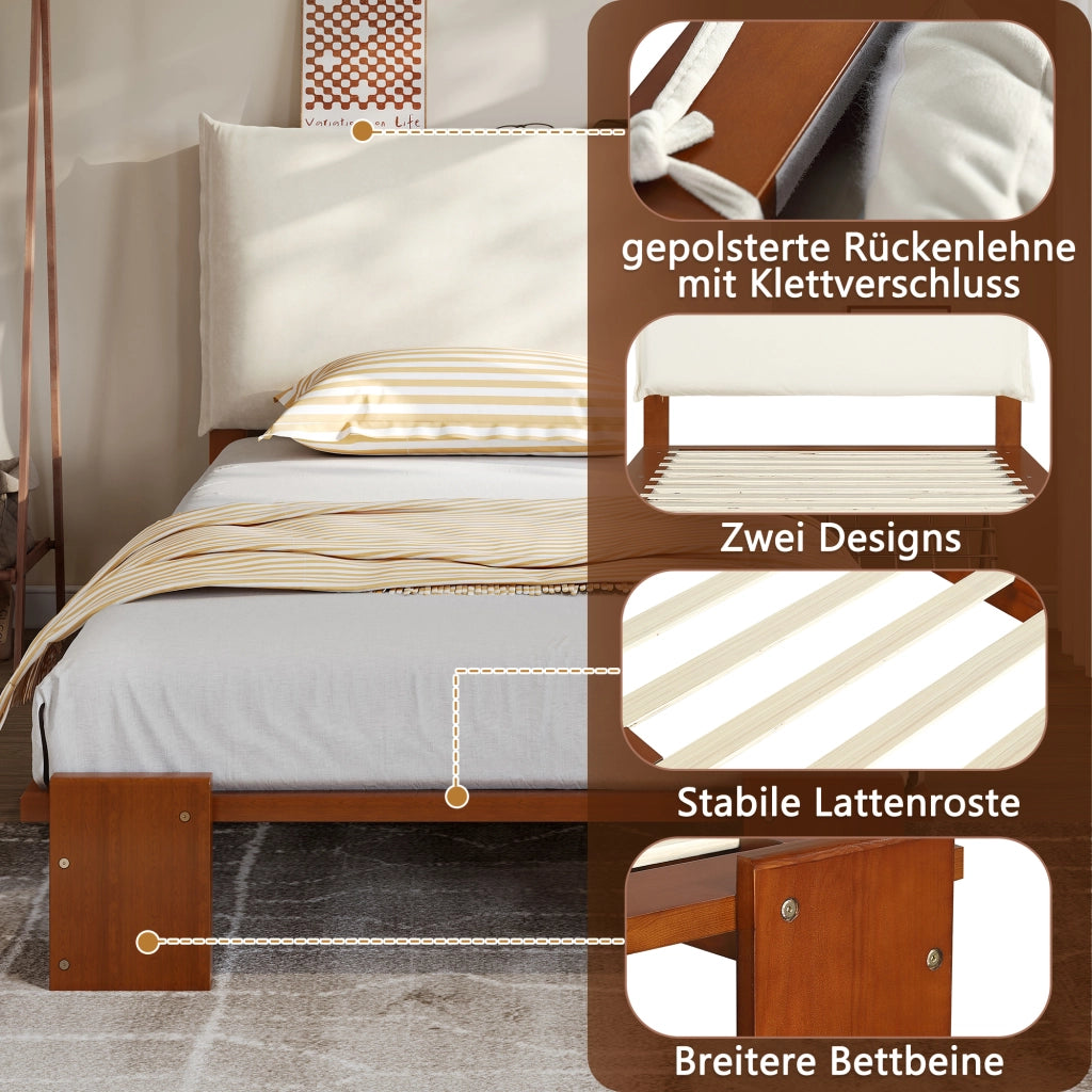 OKWISH Letto Bambino 90×200 cm, Letto Singolo con Schienale Imbottito con Chiusura a Strappo e Piedi Larghi, senza Materasso, Marrone