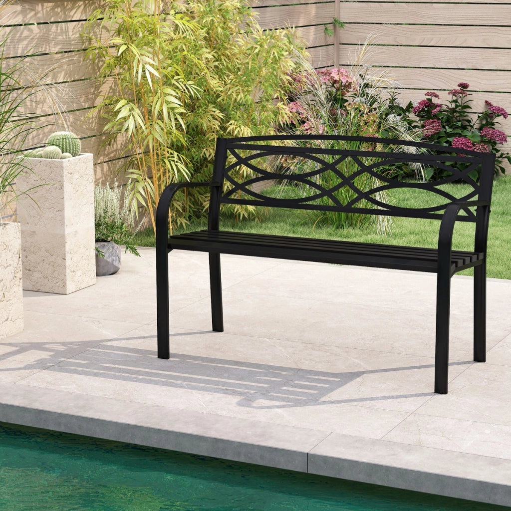Divanetto in metallo resistente per 2 persone con braccioli e schienale curvati, Panchina da giardino 116 cm per giardini Nero