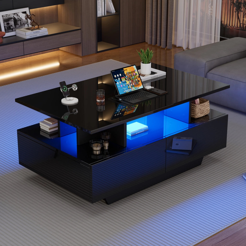 Tavolino da caffè 90x55x41 cm; con LED e 2 cassetti; truciolare nero