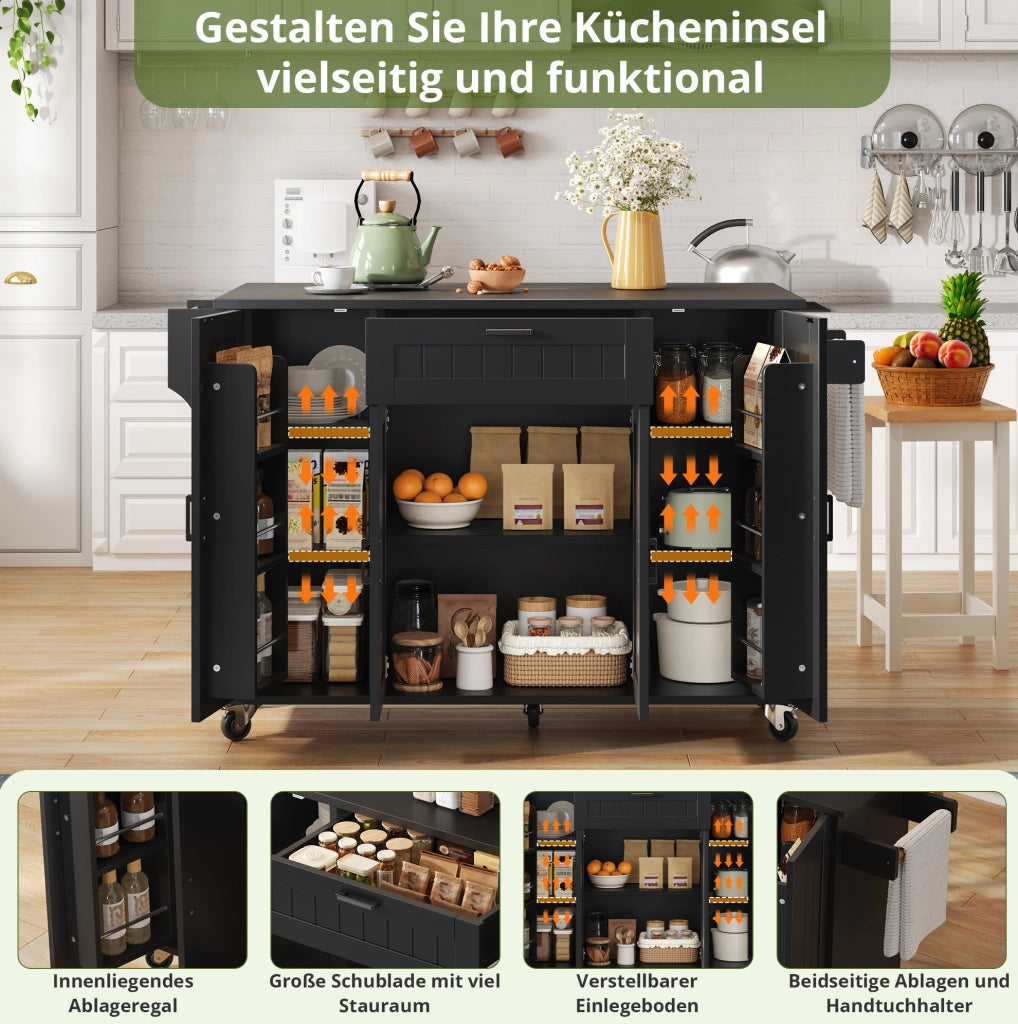 Isola da cucina mobile nera con piano pieghevole 120 cm