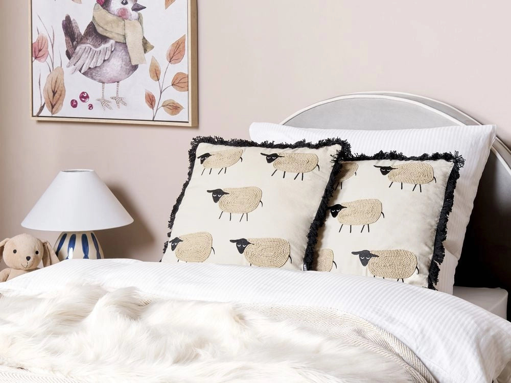 Set di 2 cuscini decorativi Beige Cotone 45 x 45 cm Motivo Pecora Moderno Decor Accessori