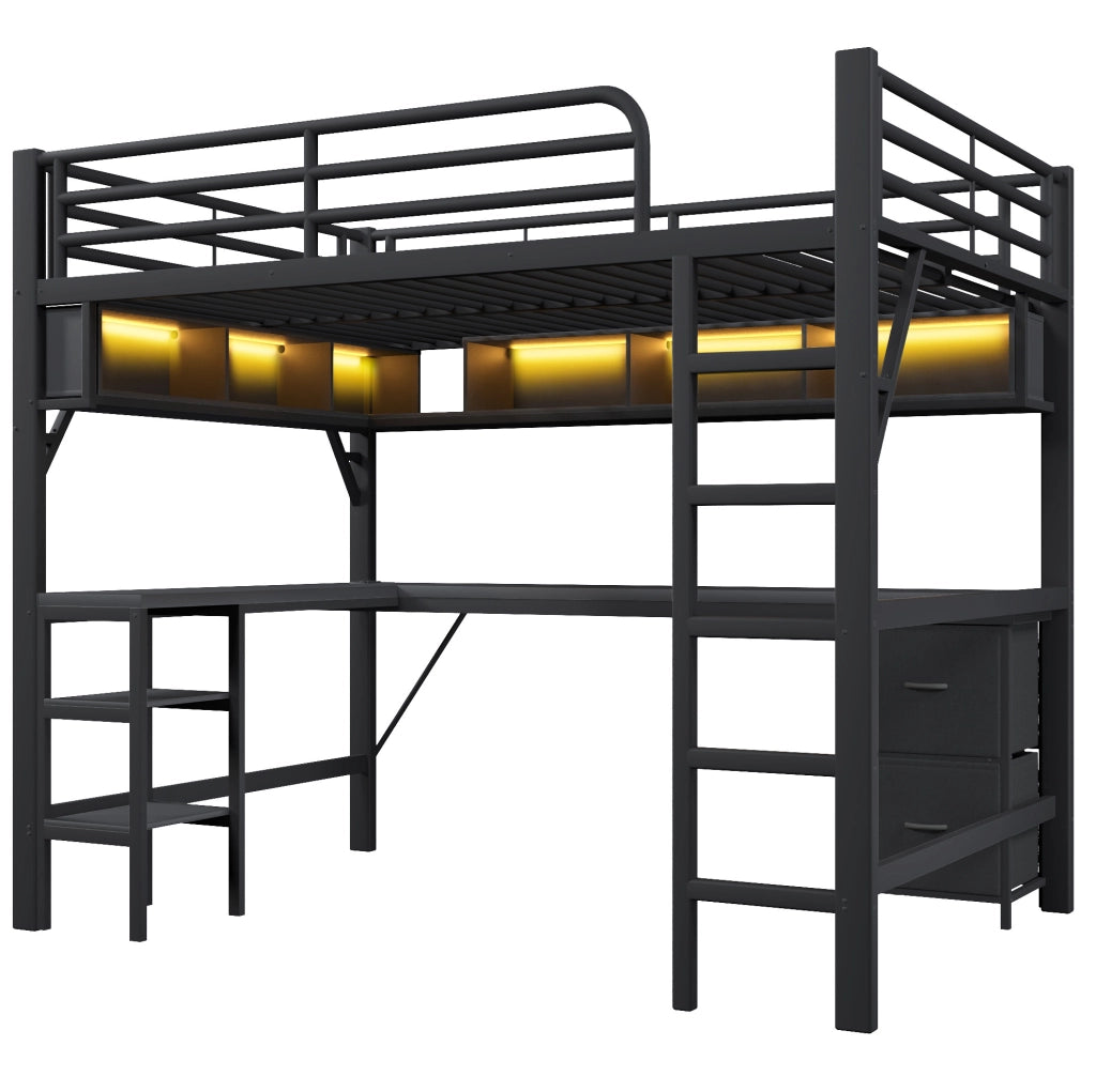Letto a soppalco 140x200 cm con scrivania e LED in MDF e metallo nero
