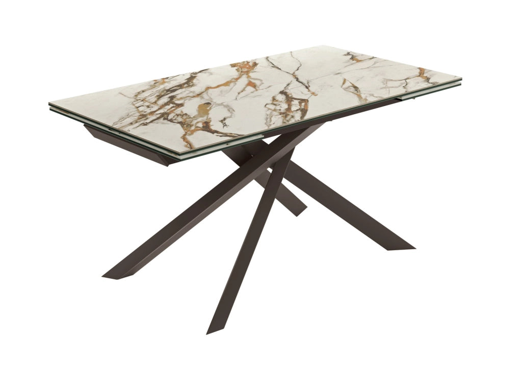 Tavolo Allungabile Cross 160-240x90 cm con Top in Ceramica Marmo Calacatta Borghini e Gambe in Metallo Verniciato Bronzo - Design Moderno