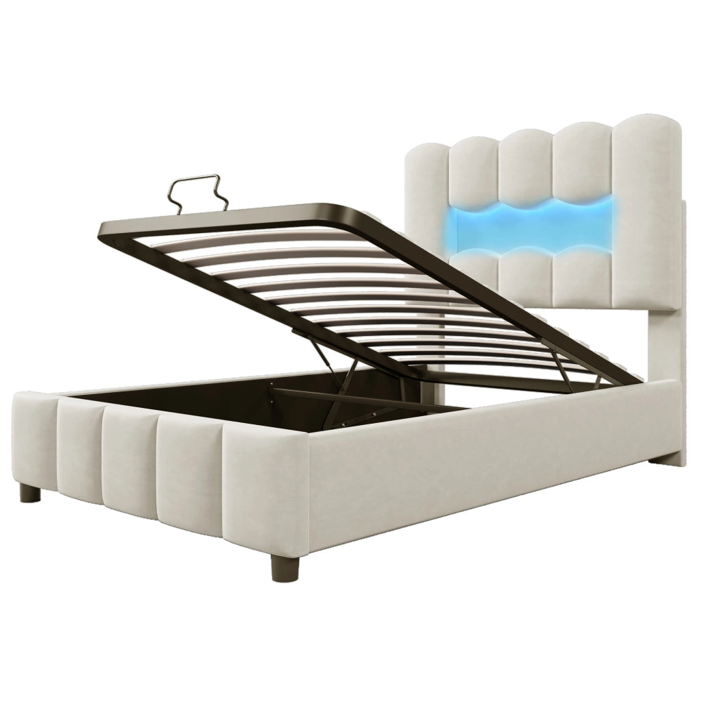 Letto imbottito con LED - Zephmum - 90x200 cm - Beige - Testiera regolabile idraulica