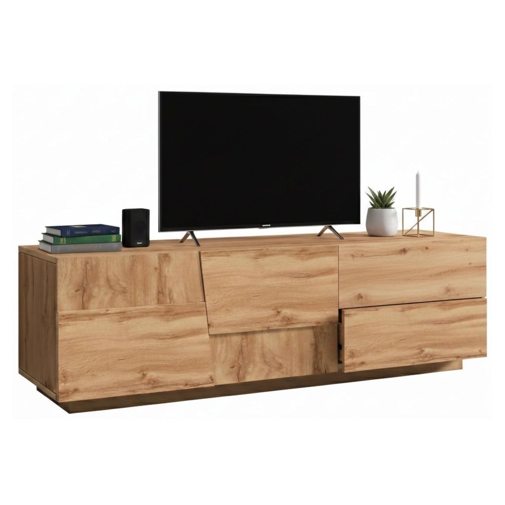 Mobile porta TV Cecia, Credenza bassa da soggiorno con 2 ante e 1 cassetto, Base porta TV, 150x44h46 cm, Rovere
