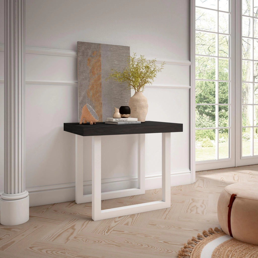 Consolle allungabile, 58 fino 180x90x73cm, Per 8 persone, Gambe in legno, Bianco e nero RF2778