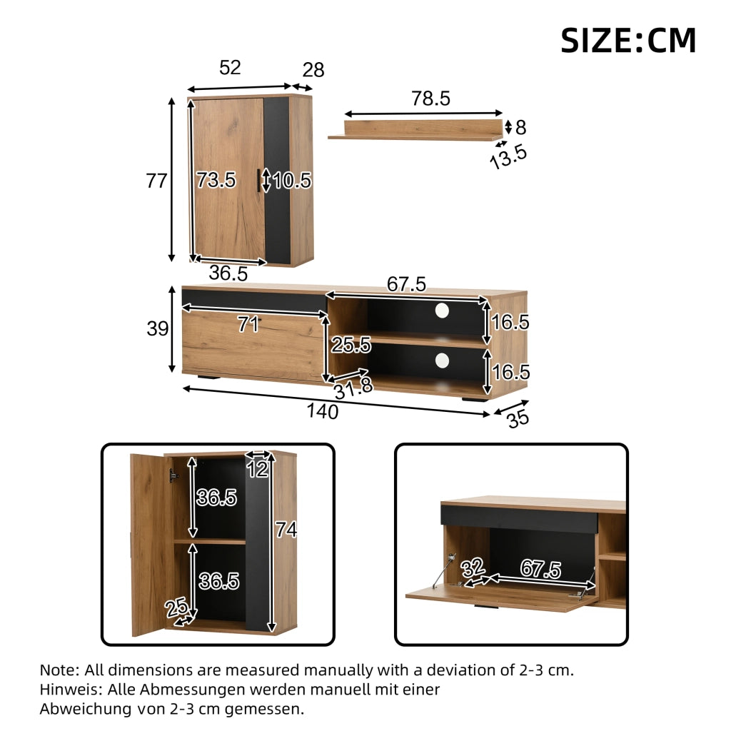 Mobile porta TV con 2 ante e 2 vani aperti, per soggiorno, in truciolare, rovere e nero, 140 × 35 × 39 cm