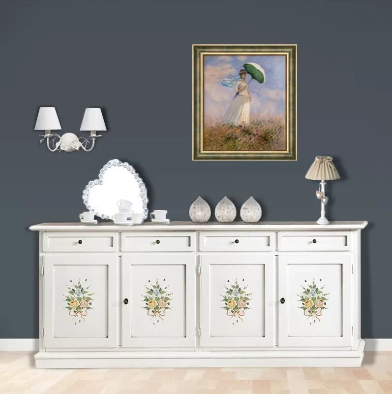 Credenza arte povera 4 porte legno bianco decori 205x42x86 - Mobili 2G
