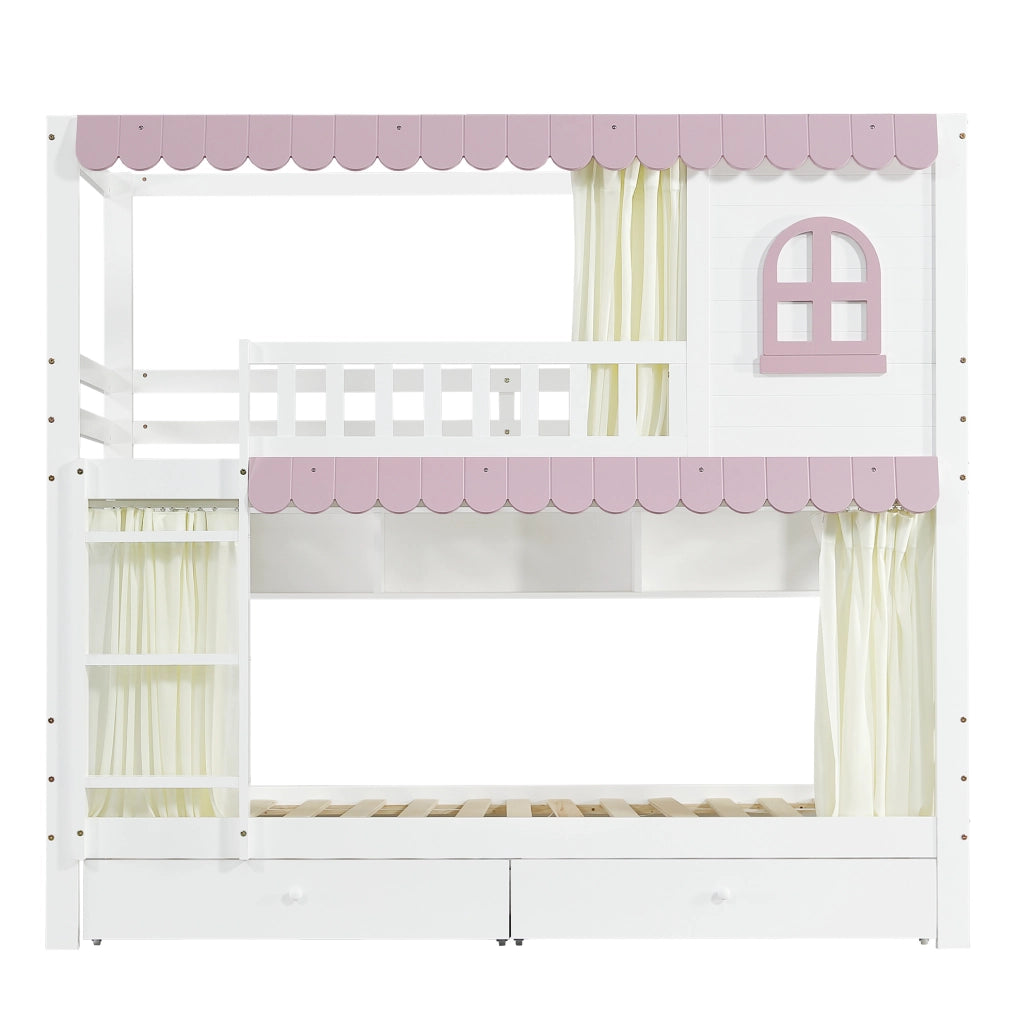 Letto a castello 90x200 cm con cassetti; ripiani e scala in legno bianco e rosa