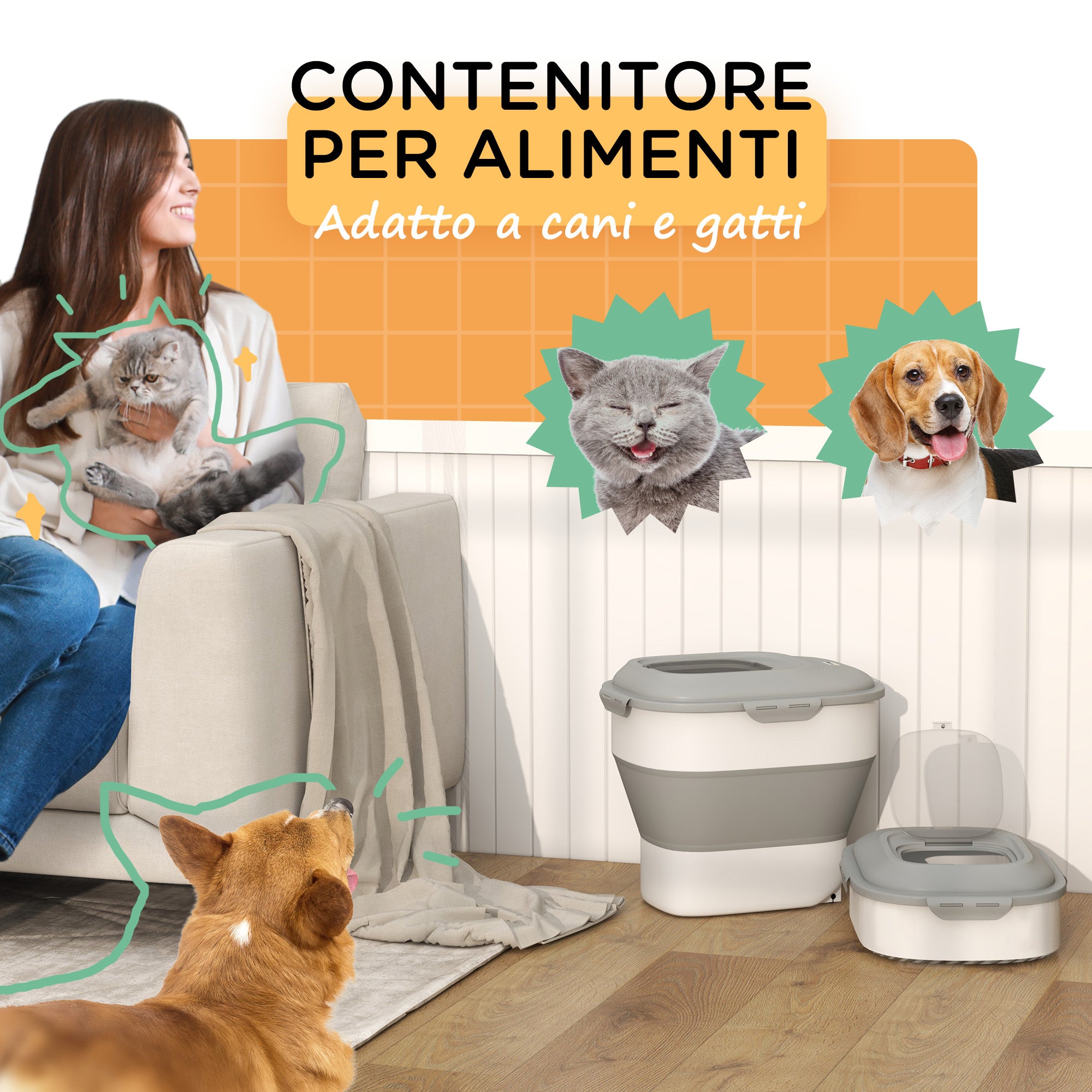 Contenitore Crocchette Cani Ermetico 5-25L con Ruote e Deumidificatore Grigio