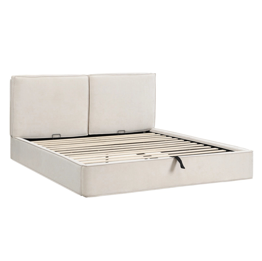 Letto matrimoniale 160x200 cm in chenille beige con contenitore idraulico e testiera imbottita
