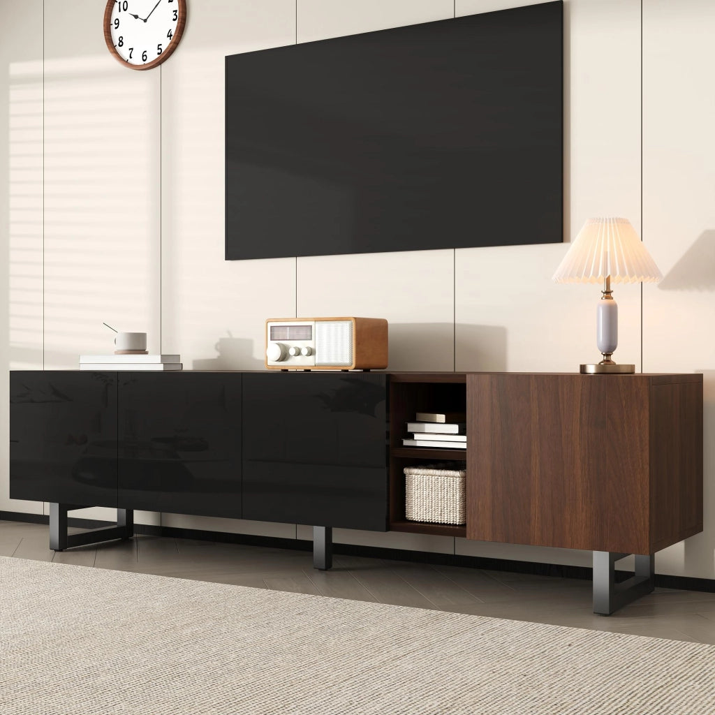 Mobile TV con 4 Ante senza Maniglie e Vani a Giorno; Frontali Nero Lucido; Stile Moderno; in MDF; 180??38??50 cm; Nero/Naturale