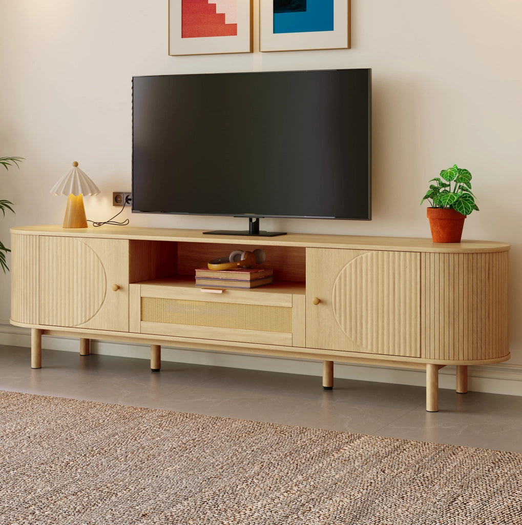 Mobile TV 175x36x51 cm; design curvo con passacavi; MDF; colore naturale