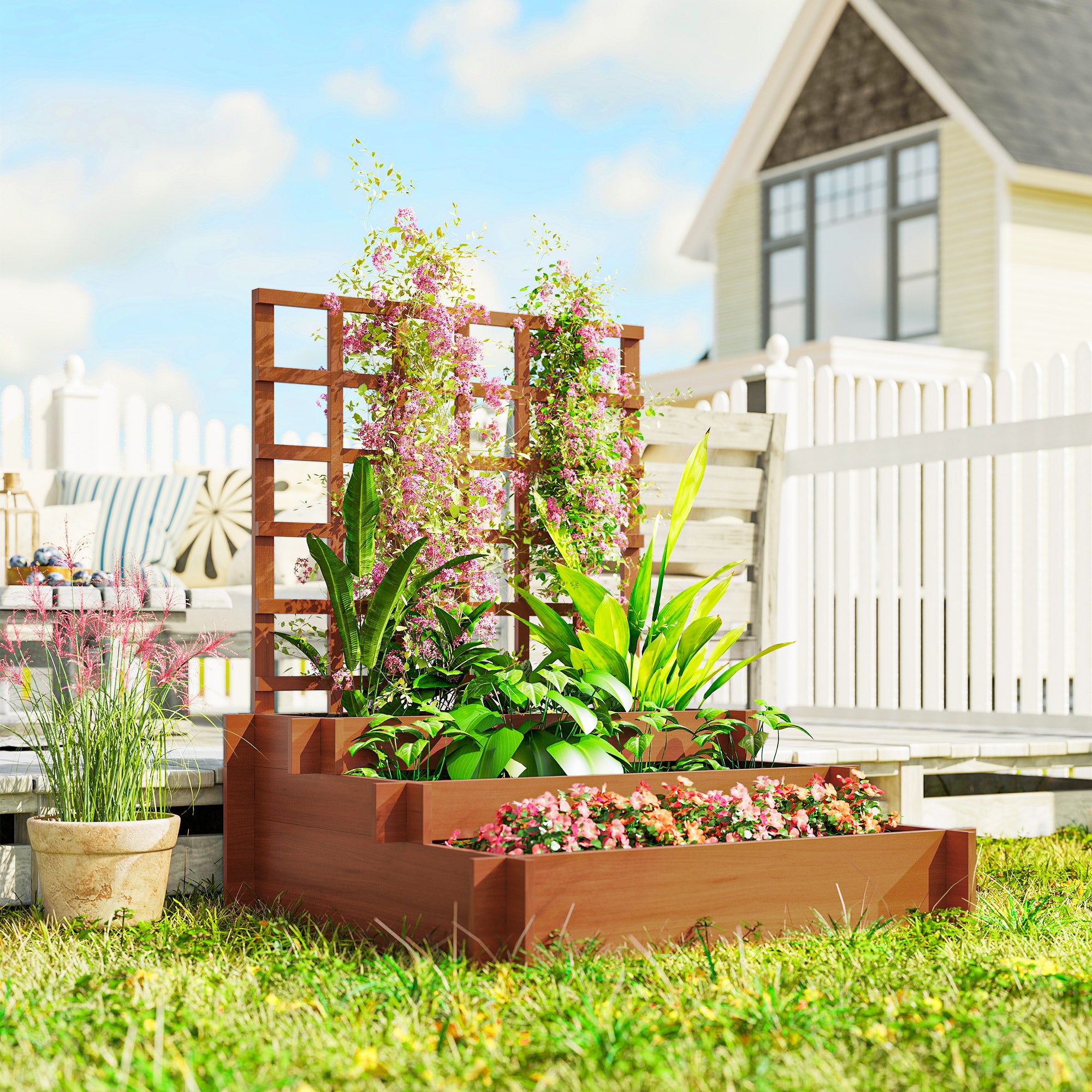 Fioriera con Grigliato a 3 Livelli 95x95x110 cm in Legno di Abete e Tessuto non Tessuto Marrone