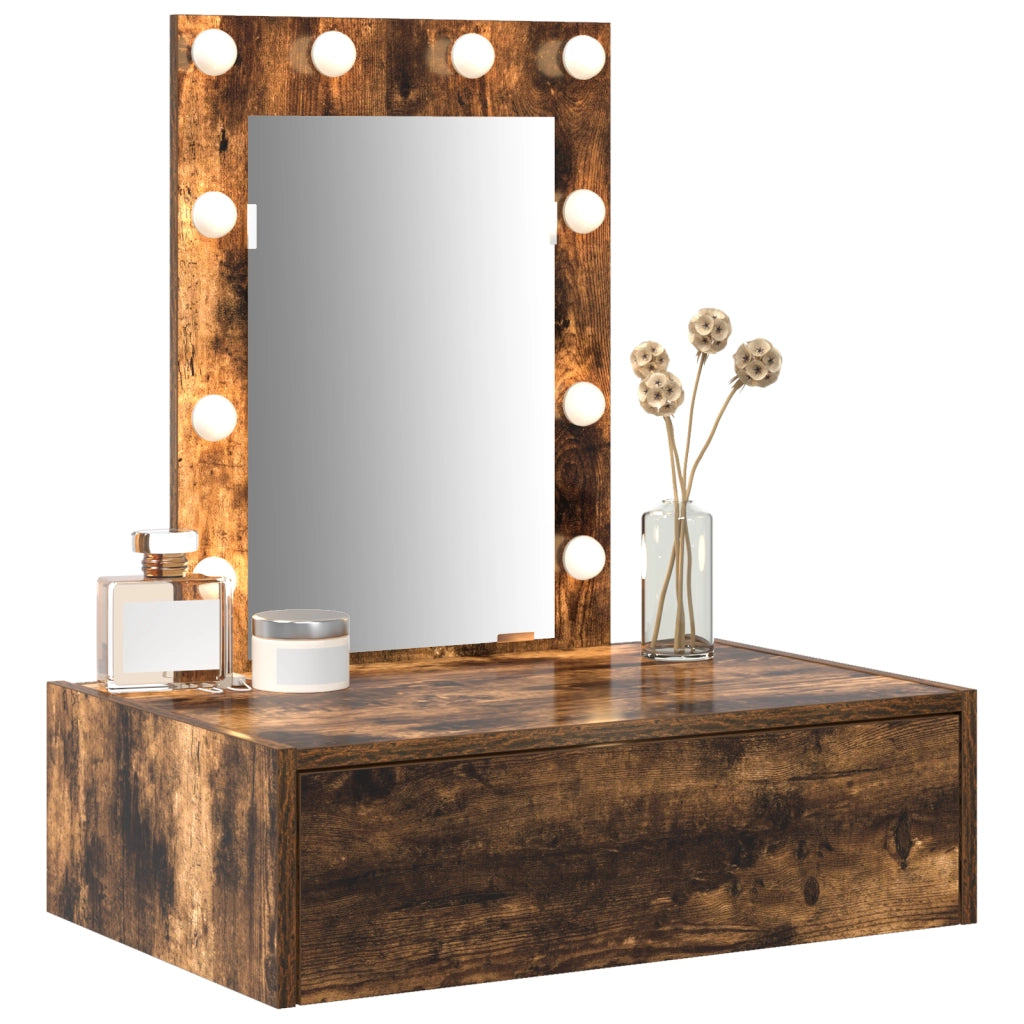 Specchio da Parete con Luci LED in Rovere Affumicato